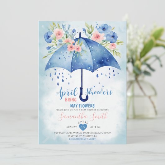 April douches brengen mei bloemen blauwe paraplu kaart (Staand voorkant)