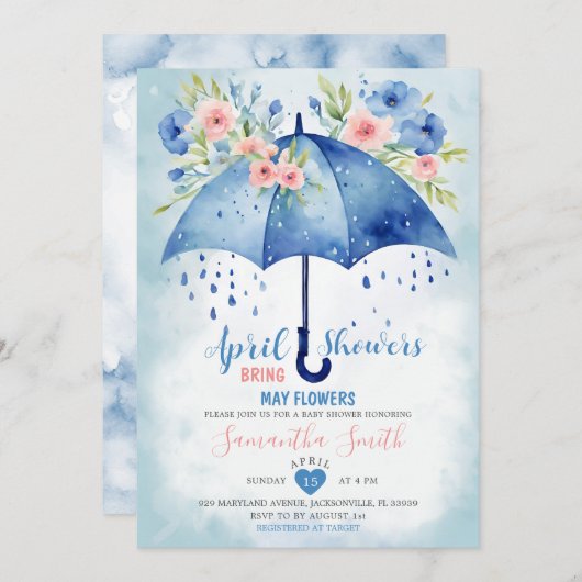 April douches brengen mei bloemen blauwe paraplu kaart (Voorkant / Achterkant)
