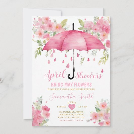 April douches brengen mei bloemen roze paraplu kaart (Voorkant)