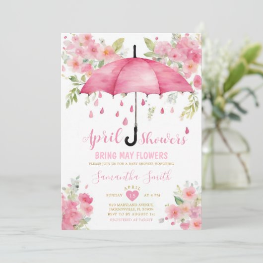 April douches brengen mei bloemen roze paraplu kaart (Staand voorkant)