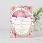 April douches brengen mei bloemen roze paraplu kaart (Staand voorkant)
