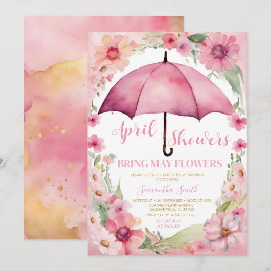 April douches brengen mei bloemen roze paraplu kaart (Voorkant / Achterkant)