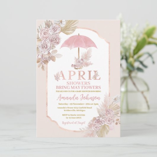 April douches brengen mei roze paraplu bloemen kaart (Staand voorkant)