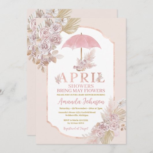 April douches brengen mei roze paraplu bloemen kaart (Voorkant / Achterkant)