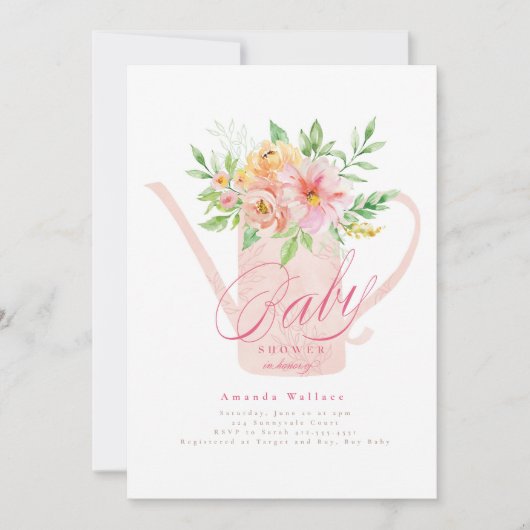 April Flowers Watering can Baby shower Invitation Kaart (Voorkant)
