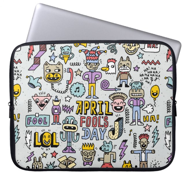 April fools day grappige doodle kleurrijke set 1.  laptop sleeve (Voorkant)