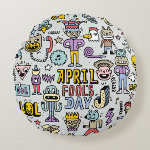 April fools day grappige doodle kleurrijke set 1.  rond kussen