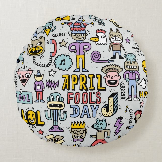 April fools day grappige doodle kleurrijke set 1.  rond kussen (Voorkant)