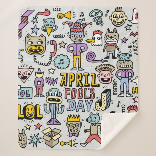 April fools day grappige doodle kleurrijke set 1. sherpa deken (Voorkant)