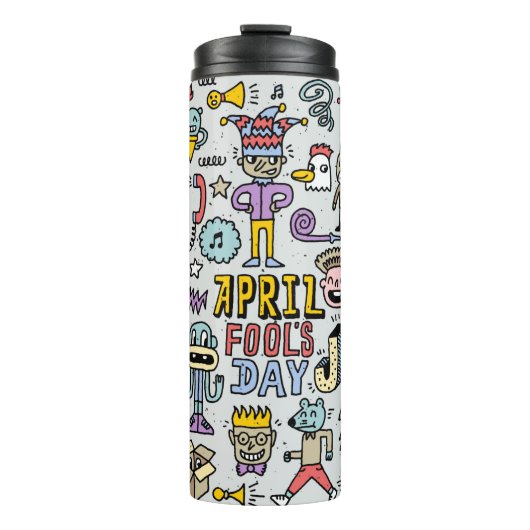 April fools day grappige doodle kleurrijke set 1. thermosbeker (Voorkant)