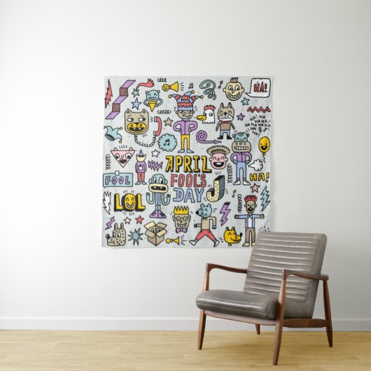 April fools day grappige doodle kleurrijke set 1. wandkleed (In situ)