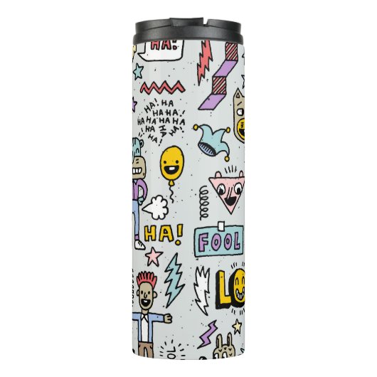 April Fools: kleurrijke doedelset. Thermosbeker (Achterkant)