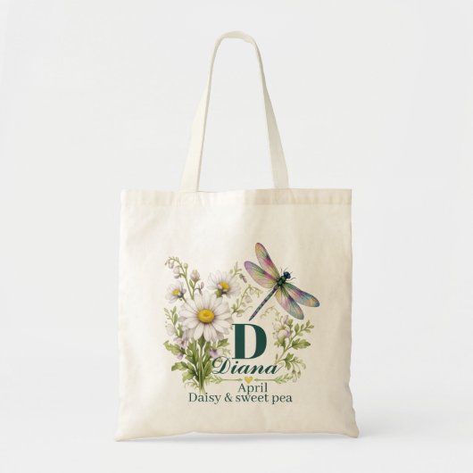 April Geboortebloem Daisy Monogram Libelle Boodsch Tote Bag (Voorkant)