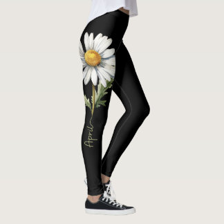 April Geboortebloem, Witte Daisy op zwart Leggings