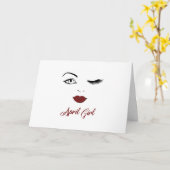 April Girl Eyes Cute Red Lips Wink Birthday Kaart (Gele Bloem)