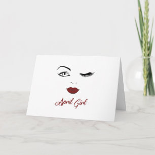 April Girl Eyes Cute Red Lips Wink Birthday Kaart