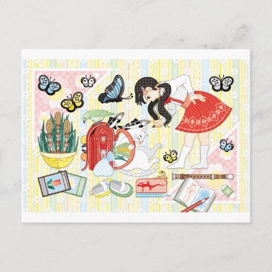 April illustration "Cat and school bag" Briefkaart (Voorkant)