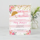 April Showers Baby shower Invitation Gold Pink Kaart (Staand voorkant)