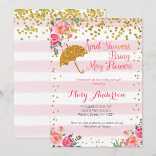 April Showers Baby shower Invitation Gold Pink Kaart