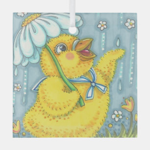 APRIL SHOWERS CUTE BABY CHICK & SPRING FLOWER GLAS ORNAMENT