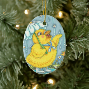APRIL SHOWERS CUTE BABY CHICK & SPRING FLOWER KERAMISCH ORNAMENT