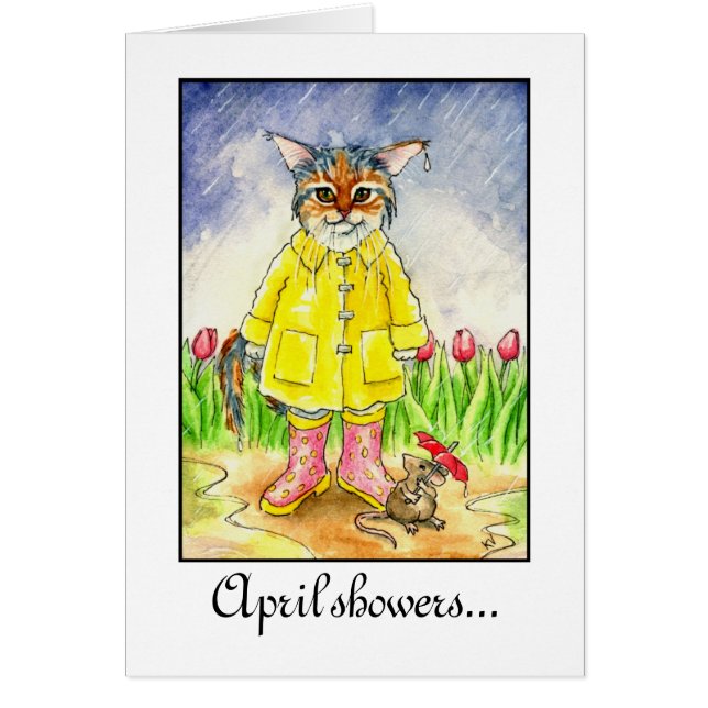 April Showers wet cat in rainstorm card (Voorkant)