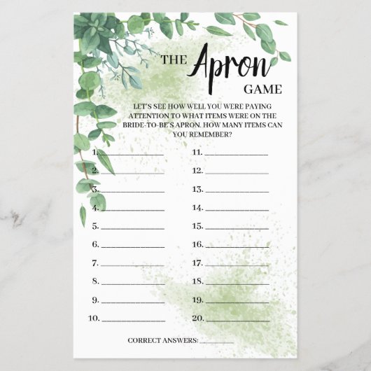 Apron Game Eucalyptus Bridal Shower Game Card Flyer (Voorkant)