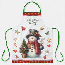 Apron Large Snowman and Christmas Cookies Red
