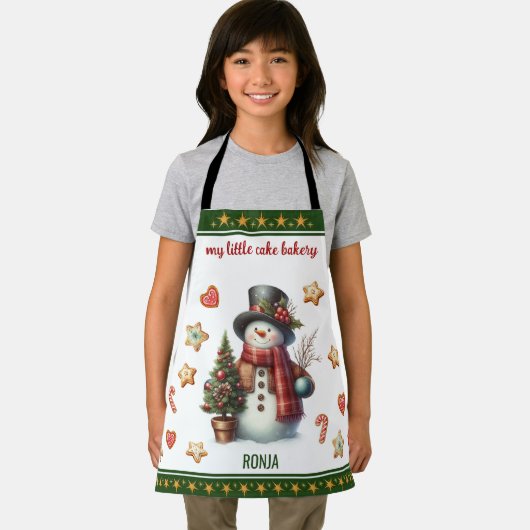 Apron Small Snowman and Christmas Cookies Green Schort (Insitu)