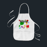 Apron van gepersonaliseerd Kind verven Kinder Schort<br><div class="desc">Een helder en kleurrijk ontwerp voor uw ontluikende kunstenaar.  Een regenboog van verf wordt verspreid over het ontwerp met de mogelijkheid om zich aan te passen aan de naam van uw kind of de schoolnaam.  U kunt ook leeg laten. Dit ontwerp kan ook op volwassen maatscharen worden gebruikt.</div>