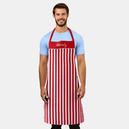Apron van gestreept rood en wit patroon schort (Gedragen)
