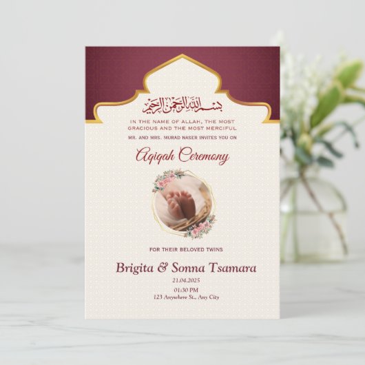 aqeeqah uitnodiging voor tweeling (Staand voorkant)