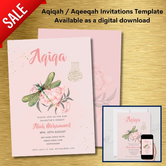 Aqiqa-uitnodigingssjablonen Digitale Libelle Meisj Kaart