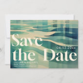 Aqua 70s Waves Foto Bruiloft Save the Date Kaart (Voorkant)
