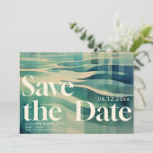 Aqua 70s Waves Foto Bruiloft Save the Date Kaart (Staand voorkant)