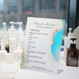 Aqua Agate Marble Gold Details Salon Prijslijst Reclamebord Met Voetstuk