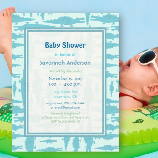 Aqua Alligator Patroon Baby Jongens Borrelkaartjes Kaart