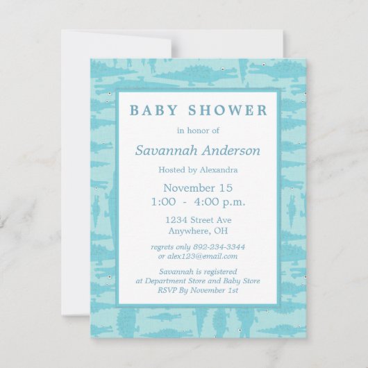 Aqua Alligator Pattern Baby Boy Shower Invitations Kaart (Voorkant)