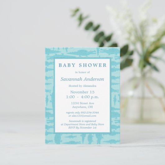 Aqua Alligator Pattern Baby Boy Shower Invitations Kaart (Staand voorkant)