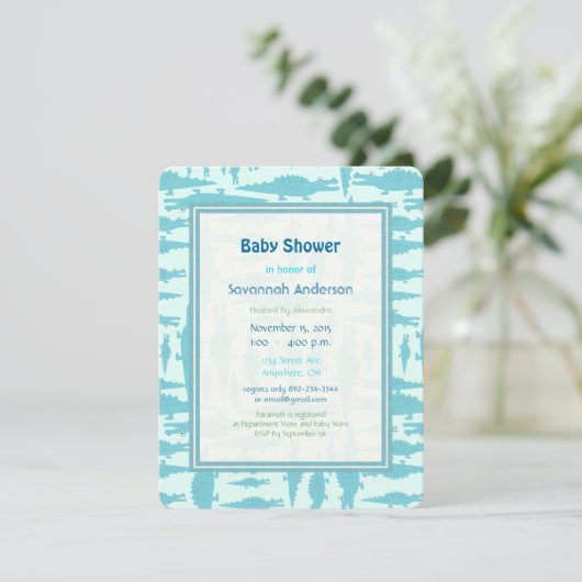 Aqua Alligator Pattern Baby Boy Shower Invitations Kaart (Staand voorkant)