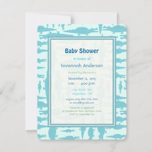 Aqua Alligator Pattern Baby Boy Shower Invitations Kaart (Voorkant)