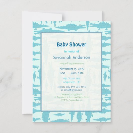 Aqua Alligator Pattern Baby Boy Shower Invitations Kaart (Voorkant)