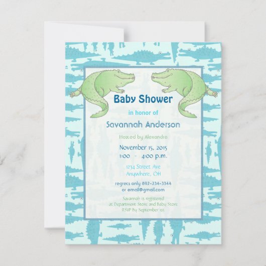 Aqua Alligator Pattern Baby Boy Shower Invitations Kaart (Voorkant)
