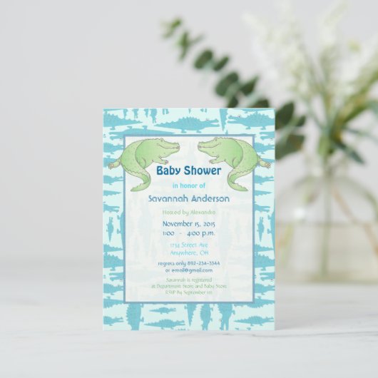 Aqua Alligator Pattern Baby Boy Shower Invitations Kaart (Staand voorkant)