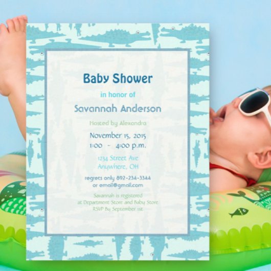 Aqua Alligator Pattern Baby Boy Shower Invitations Kaart