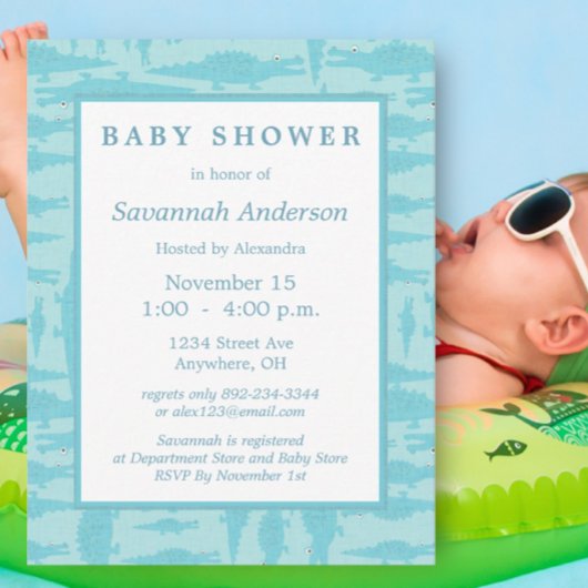 Aqua Alligator Pattern Baby Boy Shower Invitations Kaart