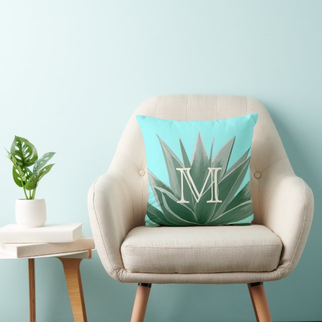 Aqua Aloe Succulent Ivory Monogram Modern Pillow Kussen (Stoel)