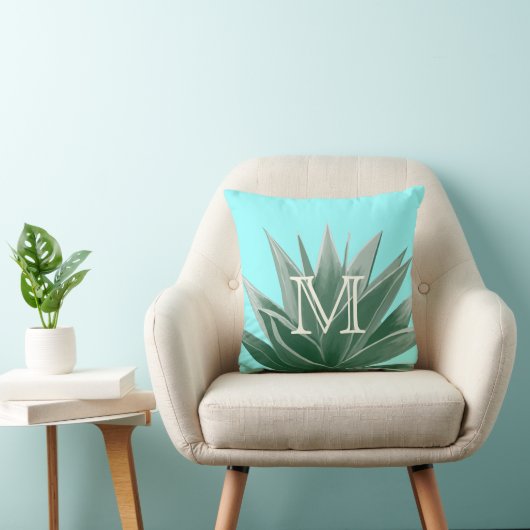 Aqua Aloe Succulent Ivory Monogram Modern Pillow Kussen (Stoel)