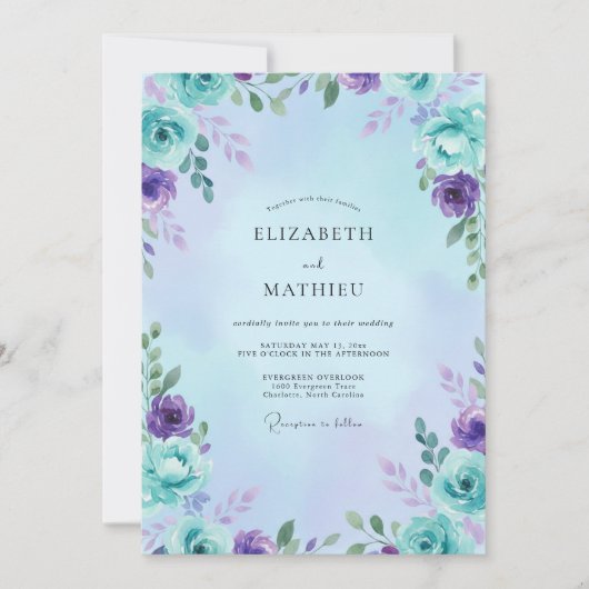 Aqua Amethyst Blad Bruiloft Kaart (Voorkant)