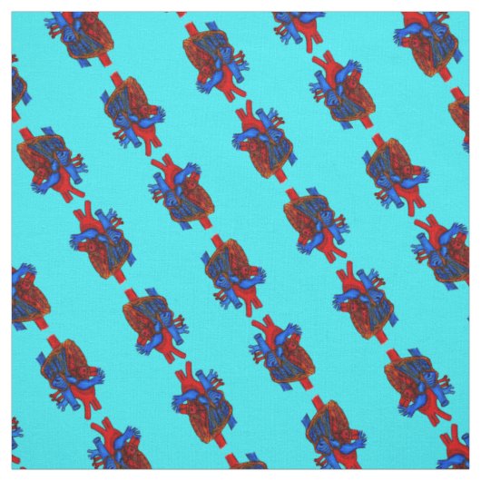 Aqua Anatomical Heart Patterned Fabric Stof (Swatch)